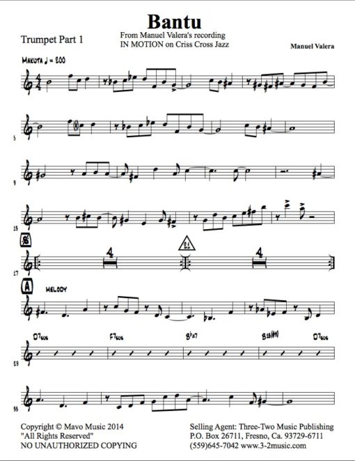 Bantu (Download) Latin jazz printed sheet music www.3-2music.com composer and arranger Manual Valera combo (septet) instrumentation CD New Cuban Express