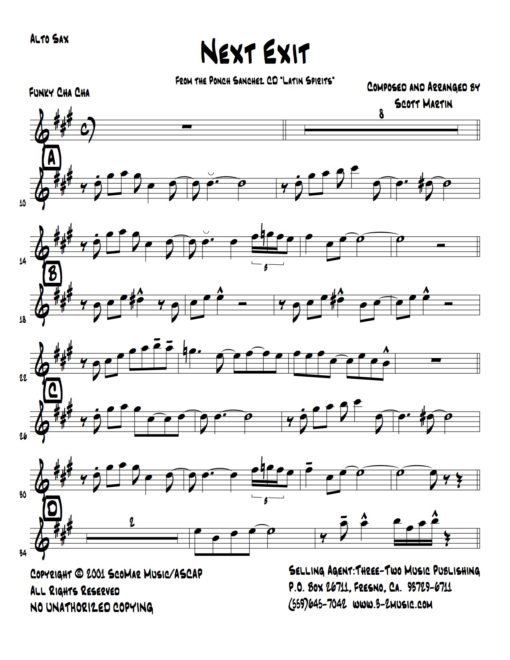 Next Exit (Download) Latin jazz printed sheet music www.3-2music.com composer and arranger Scott Martin combo (septet) instrumentation