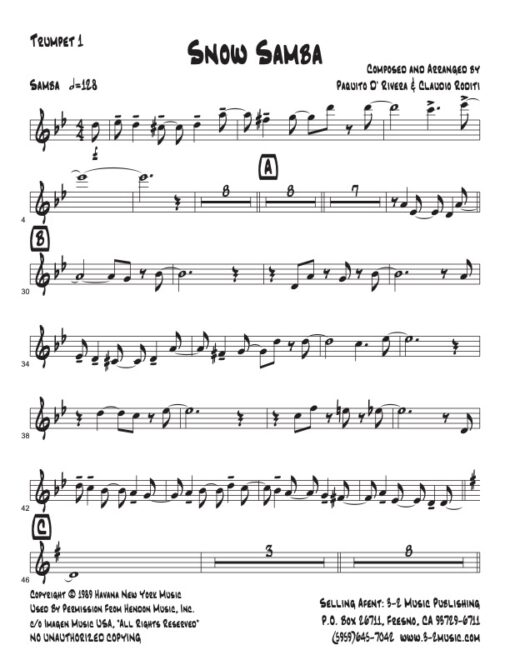 Snow Samba V.2 (Download) Latin jazz printed sheet music www.3-2music.com composer and arranger Paquito D'Rivera big band 4-4-5 instrumentation