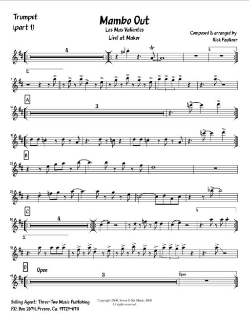 Mambo Out V.1 (Download) Latin jazz printed sheet music www.3-2music.com composer and arranger Rick Faulkner combo (septet) instrumentation