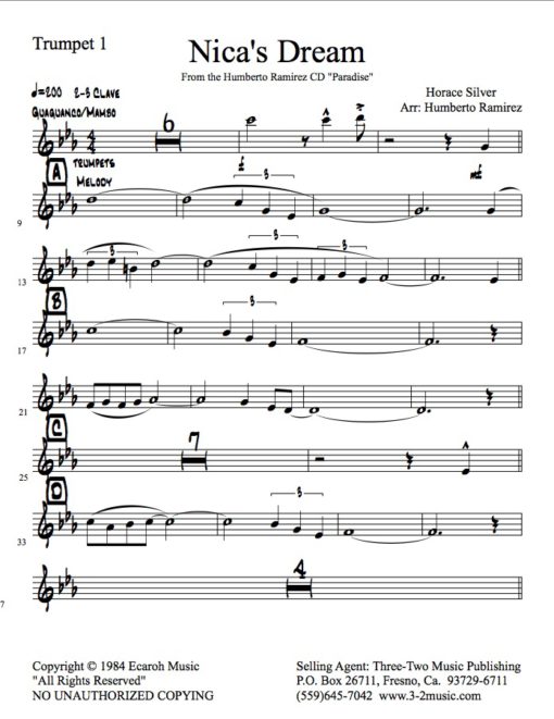Nica's Dream V.3 (Download) Latin jazz printed sheet music www.3-2music.com composer and arranger Horace Silver big band 4-4-5 instrumentation