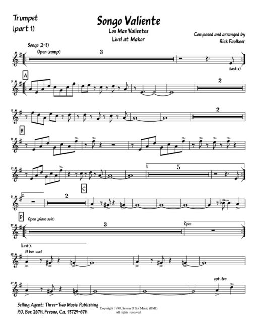 Songo Valiente (Download) Latin jazz combo printed sheet music www.3-2music.com composer and arranger Rick Faulkner combo (septet) instrumentation