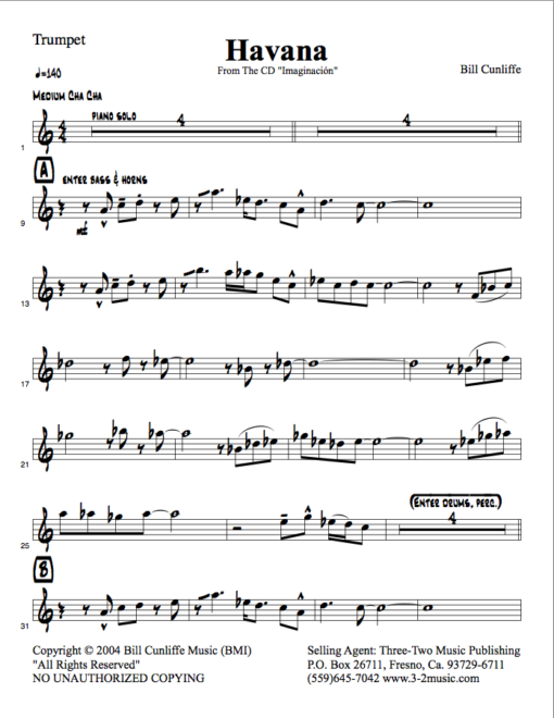 Havana V.1 (Download) Latin jazz printed sheet music www.3-2music.com composer and arranger Bill Cunliffe combo (octet) instrumentation