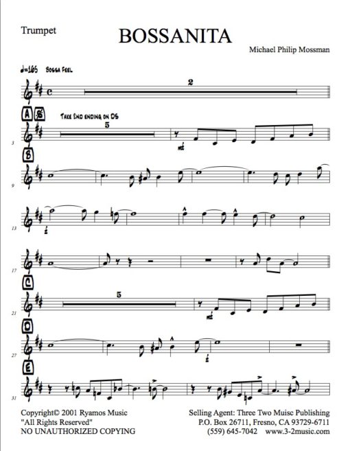 Bossanita (Download) Latin jazz printed sheet music www.3-2music.com composer and arranger Michael Mossman combo (nonet) instrumentation