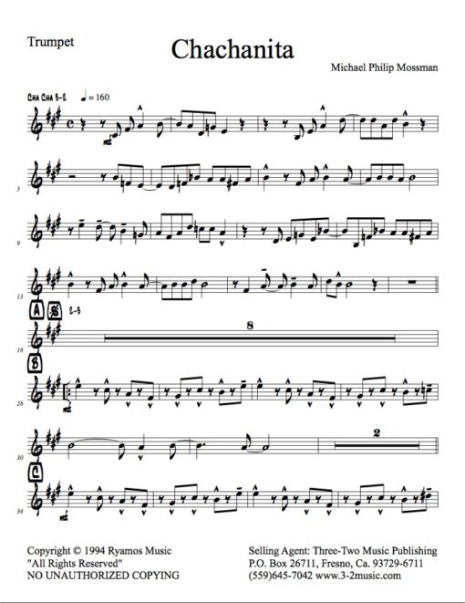 Chachanita V.1 (Download) Latin jazz printed sheet music www.3-2music.com composer and arranger Michael Mossman combo (nonet) instrumentation