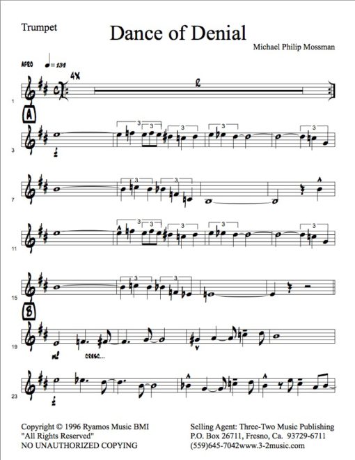 Dance of Denial V.2 (Download) Latin jazz printed sheet music www.3-2music.com composer and arranger Michael Mossman combo (nonet)