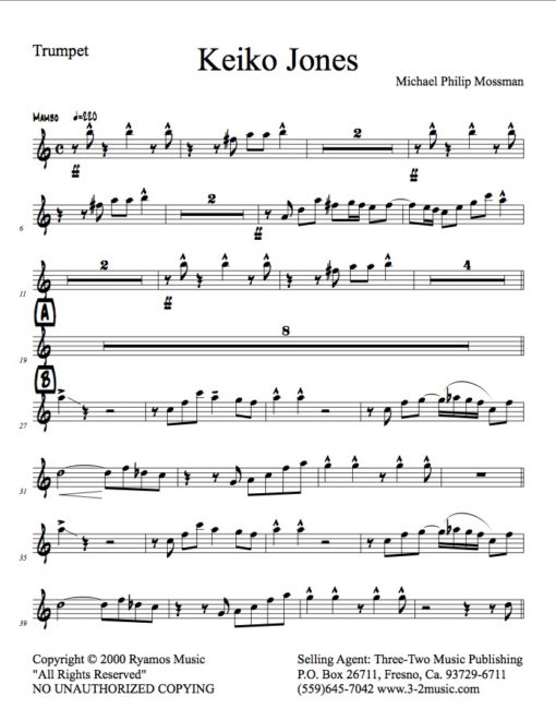 Keiko Jones (Download) Latin jazz printed sheet music www.3-2music.com composer and arranger Michael Mossman combo (nonet) instrumentation