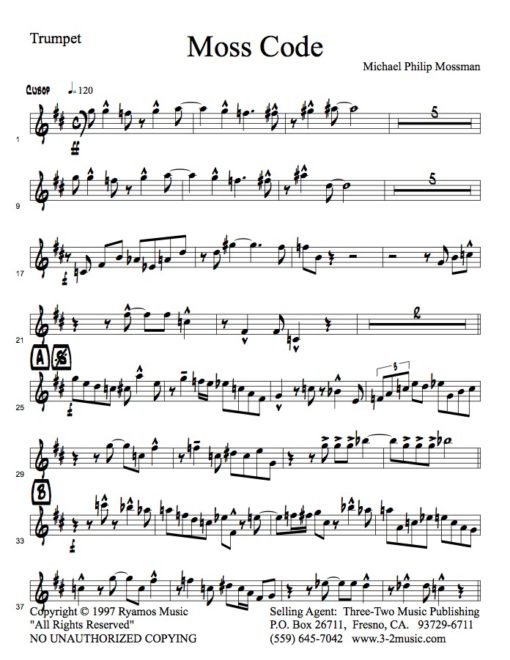 Moss Code V.2 (download) Latin jazz printed sheet music www.3-2music.com composer and arranger Michael Mossman combo (nonet) instrumentation