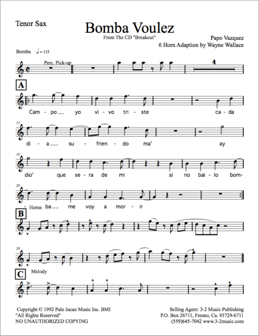 Bomba Voulez V.2 (Download) Latin jazz printed sheet music www.3-2music.com composer and arranger Papo Vazquez little big band instrumentation