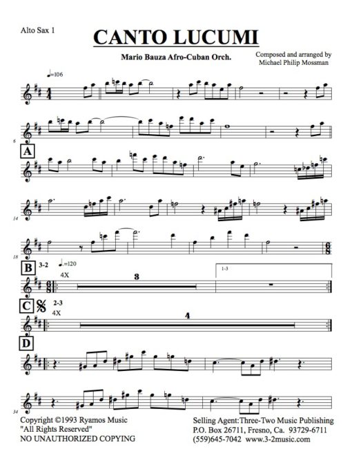 Canto Lucumi (Download) Latin jazz printed sheet music www.3-2music.com composer and arranger Michael Mossman big band (4-4-5) instrumentation
