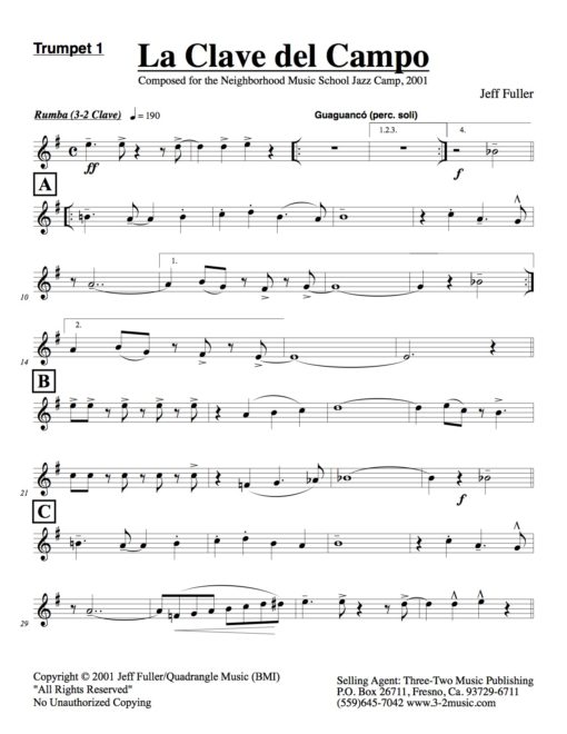 La Clave Del Campo (Download) Latin jazz printed sheet music www.3-2music.com composer and arranger Jeff Fuller combo (octet) instrumentation
