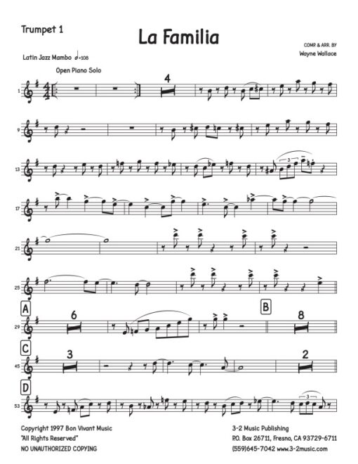 La Familia (Download) Latin jazz printed sheet music www.3-2music.com composer and arranger Wayne Wallace big band 4-4-5 instrumentation