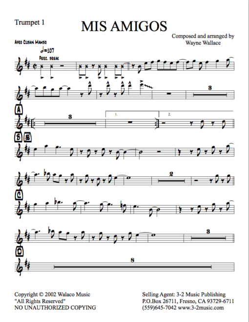 Mis Amigos trumpet 1 part (Download) Latin jazz printed big band sheet music www.3-2music.com composer and arranger Wayne Wallace 4-4-5 rhythm Latin scores