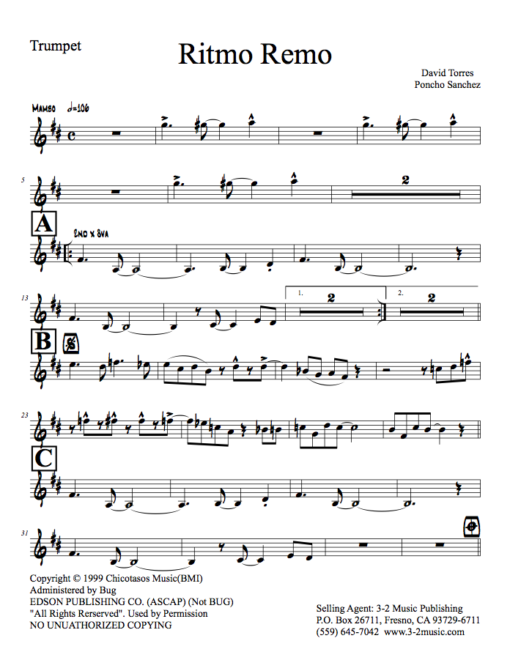 Ritmo Remo (Download) Latin jazz printed sheet music www.3-2music.com composer and arranger David Torres combo (septet) instrumentation