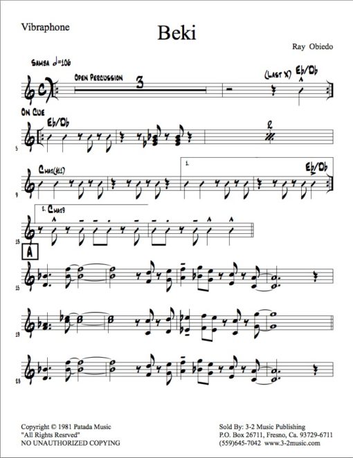 Beki (Download) Latin jazz printed sheet music www.3-2music.com composer and arranger Ray Obiedo little big band instrumentation