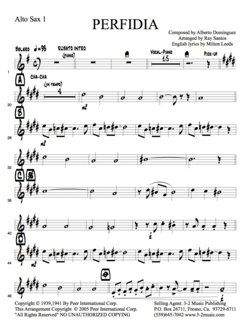 Perfidia V.2 (Download) Latin jazz printed sheet music www.3-2music.com composer and arranger Alberto Dominguez big band4-4-5 instrumentation