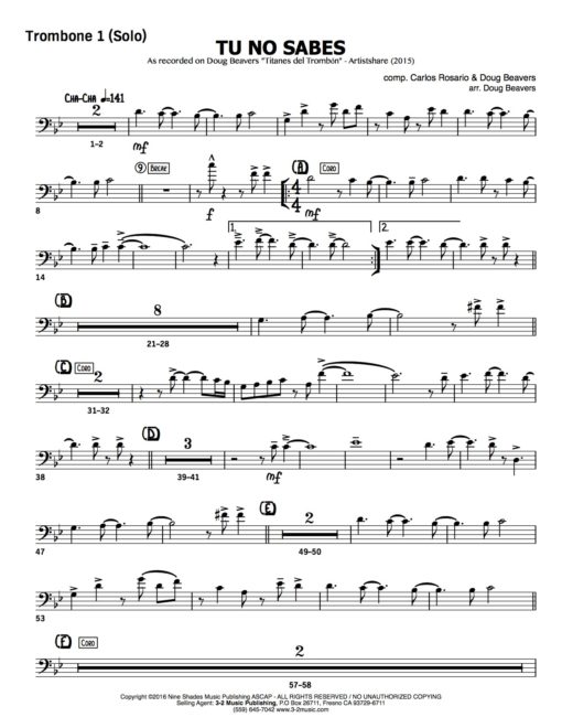 Tu No Sabes V.2 (Download) Latin jazz printed sheet music www.3-2music.com composer and arranger Doug Beavers big band 4-4-5 instrumentation