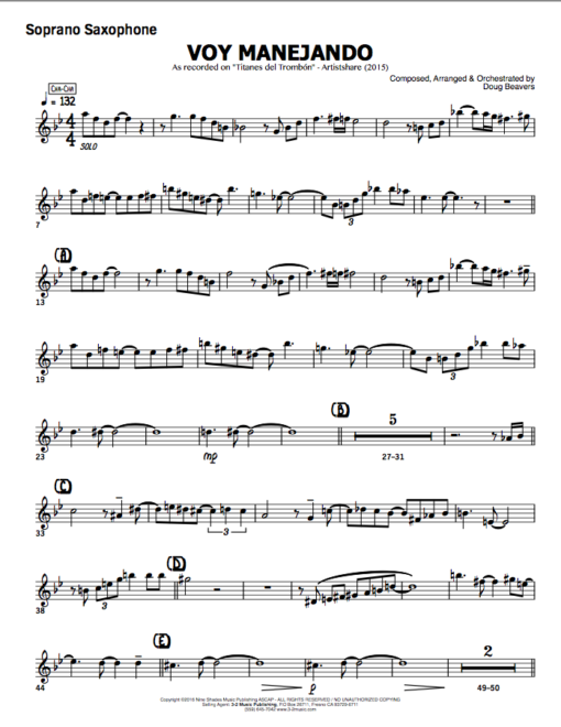 Voy Manejando V.2 (Download) Latin jazz printed music www.3-2music.com composer and arranger Doug Beavers combo (octet) instrumentation