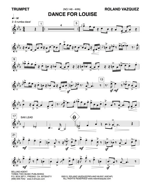 Dance for Louise (Download) Latin jazz printed sheet music www.3-2music.com composer and arranger Roland Vaszquez combo (nonet) instrumentation