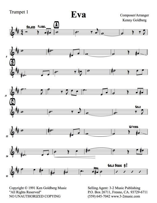 Eva (Download) Latin jazz printed sheet music www.3-2music.com composer and arranger Kenny Goldberg little big band instrumentation