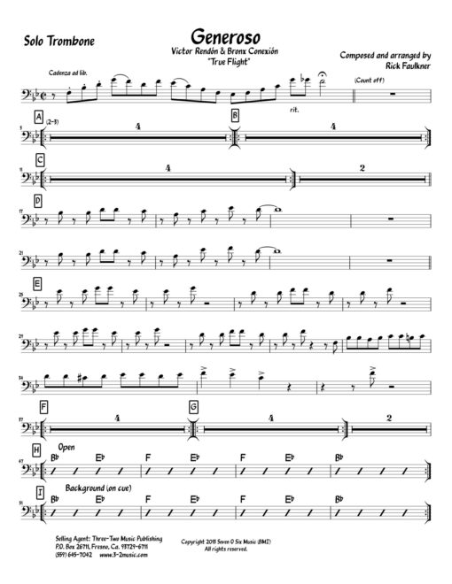 Generoso (Download) Latin jazz printed sheet music www.3-2music.com composer and arranger Rick Faulkner big band 4-4-5 instrumentation
