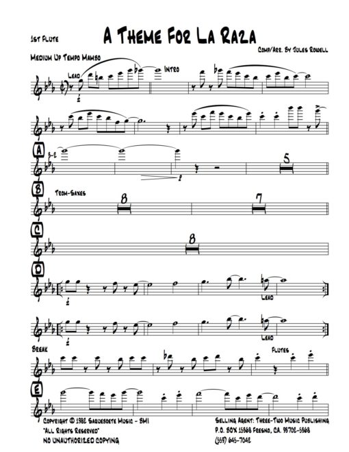 A Theme for La Raza (Download) Latin jazz printed sheet music www.3-2music.com composer and arranger Jules Rowell little big band
