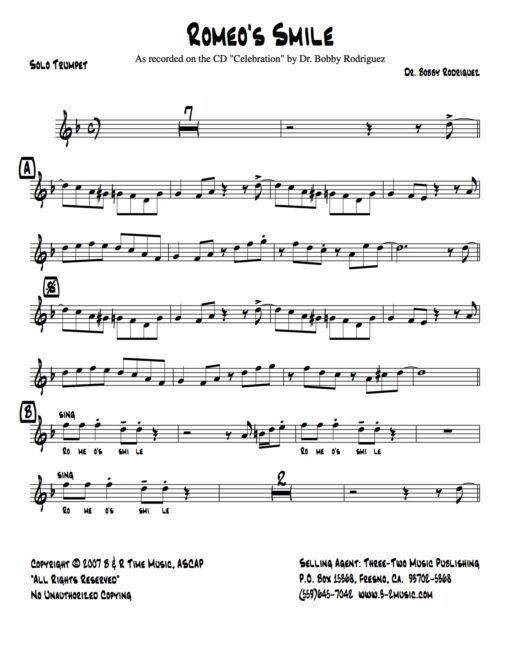 Romeo's Smile (Download) www.3-2music.com Latin jazz printed sheet music composer and arranger Bobby Rodriguez big band 4-4-5 instrumentation