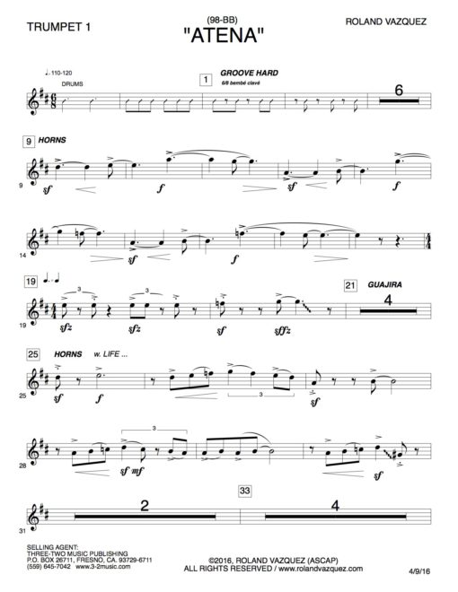 Atena (Download) Latin jazz printed sheet music www.3-2music.com composer and arranger Roland Vaszquez big band 4-4-5 instrumentation