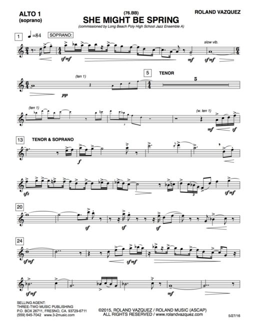 She Might Be Spring (Download) Latin jazz printed sheet music www.3-2music.com composer Roland Vazquez big band 4-4-5 instrumentation