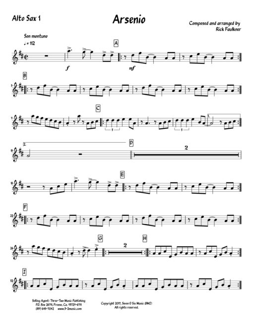 Arsenio V.3 (Download) Latin jazz printed sheet music www.3-2music.com composer and arranger Rick Faulkner big band 4-4-5 instrumentation