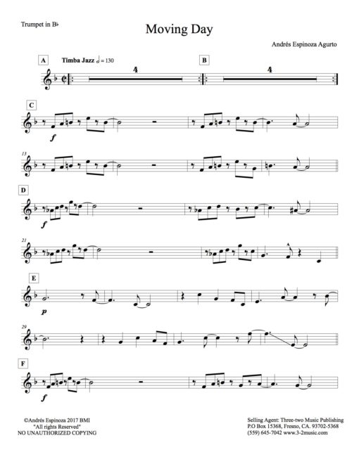 Moving Day (Download) Latin jazz printed big band sheet music www.3-2music.com composer and arranger Andres Espinosa Argurto combo (octet)