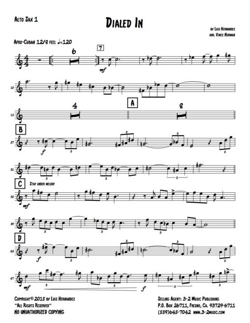 Dialed In (Download) Latin jazz printed sheet music www.3-2music.com composer and arrange Luis Hernandez big band 4-4-5 instrumentation