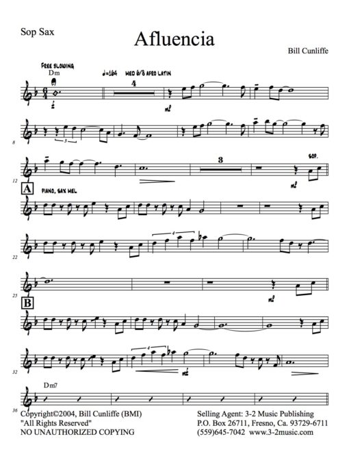 Afluencia V.1 (Download) Latin jazz printed sheet music www.3-2music.com composer and arranger Bill Cunliffe combo (octet) instrumentation