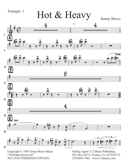 Hot & Heavy (Download) Latin jazz printed sheet music www.3-2music.com composer and arranger Sonny Bravo combo (nonet) instrumentation