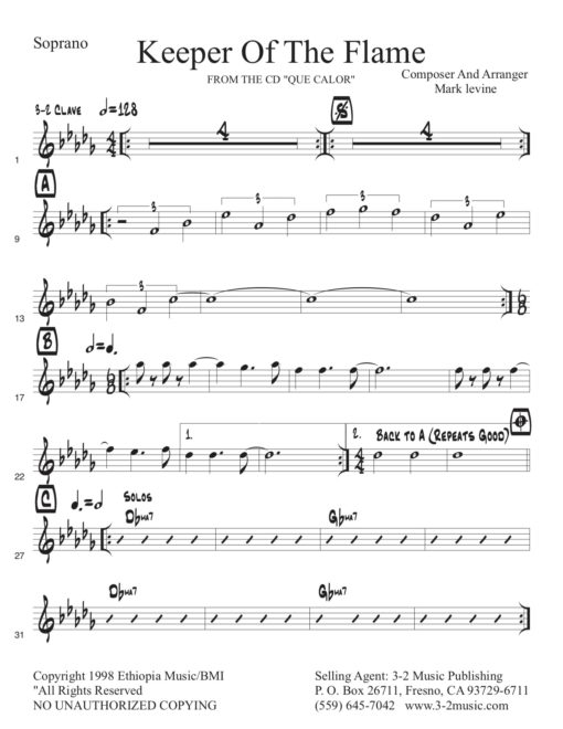 Keeper of the Flame (Download) Latin jazz printed sheet music www.3-2music.com composer and arranger Mark Levine combo (sextet) CD Que Calor
