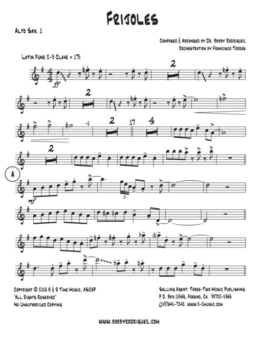 Frijoles (Download) Latin jazz printed sheet music www.3-2 music.com composer and arranger Bobby Rodriguez big band 4-4-5 instrumentation