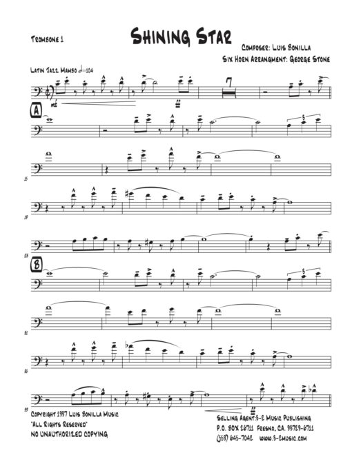 Shining Star (Download) Latin jazz printed sheet music www.3-2music.com composer and arranger Luis Bonilla little big band instrumentation