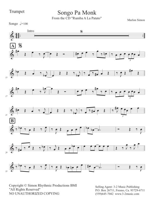 Songo Pa Monk (Download) Latin jazz printed sheet music www.3-2music.com composer and arranger Marlon Simon combo (sextet) instrumentation