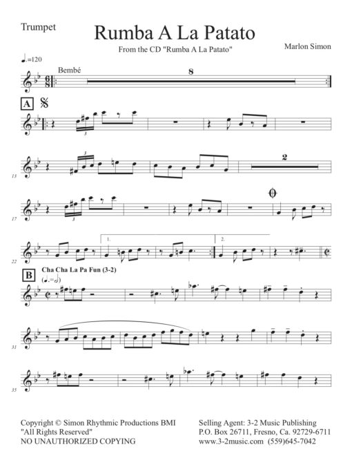 Rumba A La Patato (Download) Latin jazz printed sheet music www.3-2music.com composer and arranger Marlon Simon combo (sextet) instrumentation