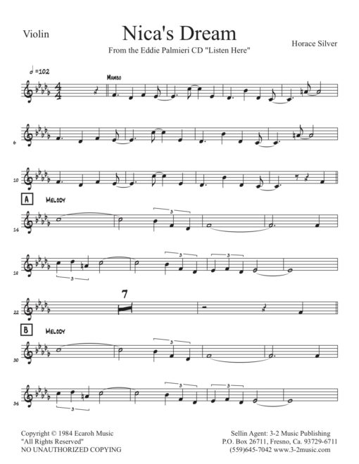 Nica's Dream V.1 (Download) Latin jazz printed sheet music www.3-2music.com composer Horace Silver arranger Eddie Palmieri combo (octet)
