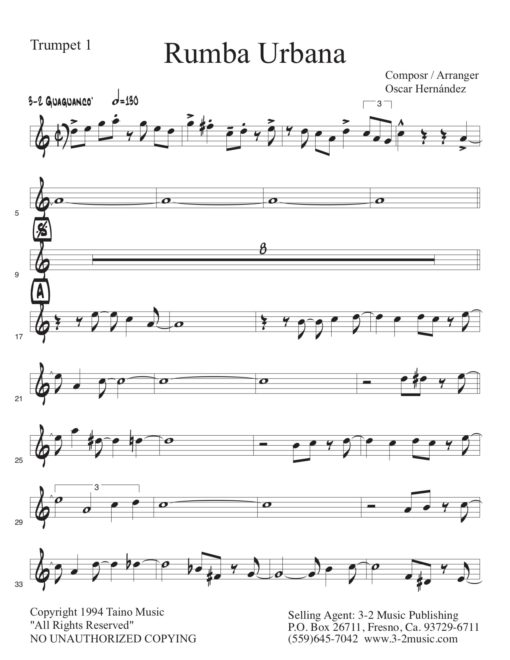 Rumba Urbana V.2 (Download) Latin jazz printed sheet music www.3-2music.com arranger and composer Oscar Hernández combo (tentet) instrumentation