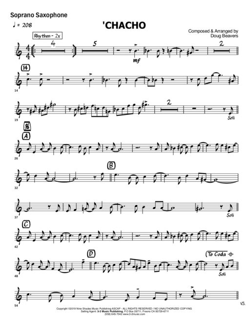 Chacho V.2 (Download) Latin jazz printed sheet music www.3-2music.com composer and arranger Doug Beavers big band 4-4-5 instrumentation