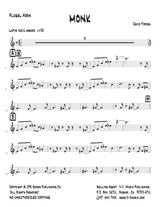 Monk (Download ) Latin jazz printed sheet music www.3-2music.com composer and arranger David Torres combo (septet) instrumentation