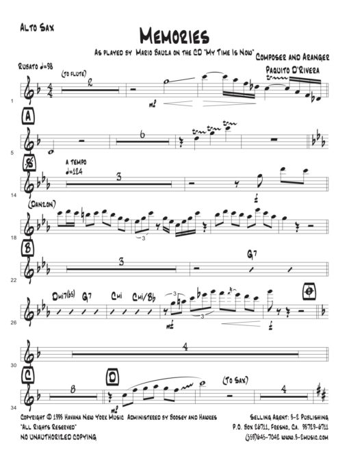 Memories V.1 (Download) Latin jazz printed sheet music www.3-2music.com composer and arranger Paquito D'Rivera big band 4-3-5 instrumentation