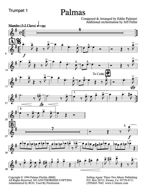 Palmas V.3 Latin jazz printed sheet music www.3-2music.com composer and arranger Eddie Palmieri big band 4-4-5 instrumentation