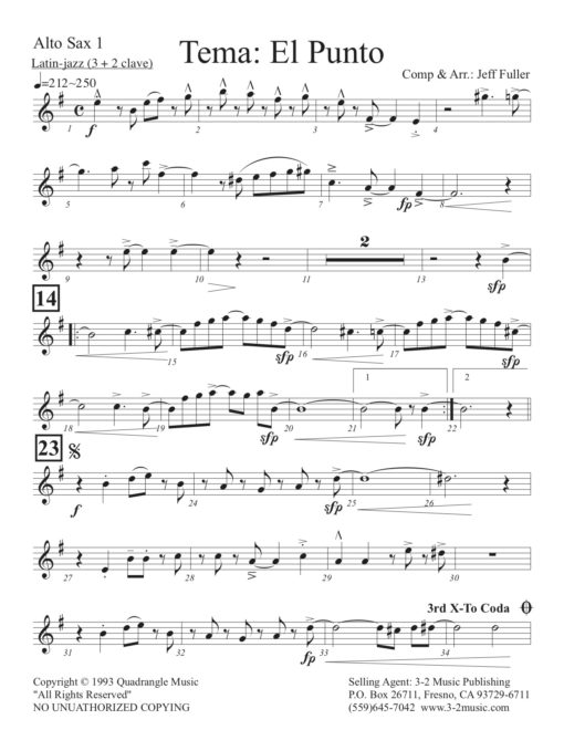 Tema: El Punto V.1 (Download) Latin jazz printed sheet music www.3-2music.com composer and arranger Jeff Fuller little big band instrumentation