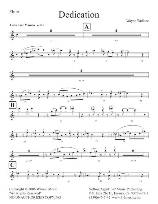 Dedication (Download) Latin jazz printed sheet music www.3-2music.com composer and arranger Wayne Wallace little big band instrumentation