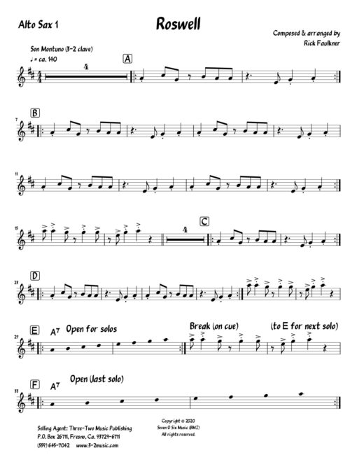Roswell V.2 (Download) Latin jazz printed sheet music www.3-2music.com composer and arranger Rick Faulkner 4-4-5 instrumentation
