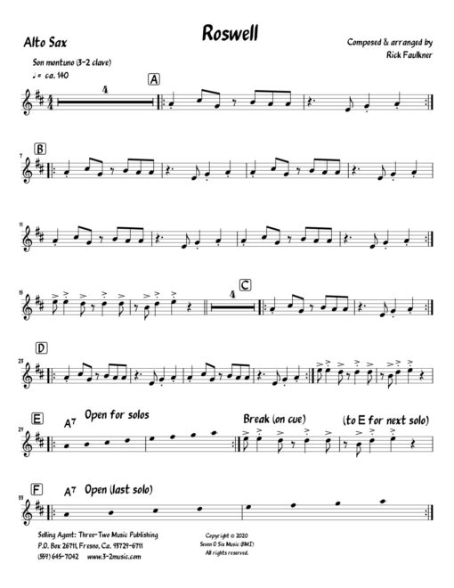 Roswell V.1 (Download) Latin jazz printed sheet music www.3-2music.com composer and arranger Rick Faulkner little big band instrumentation