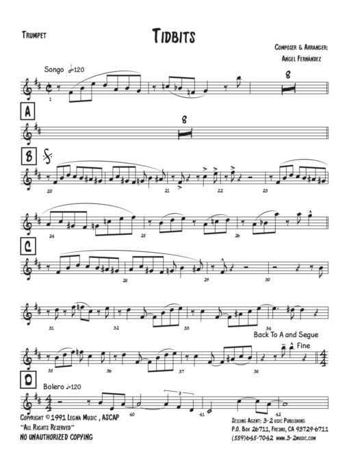 Tidbits (Download) Latin jazz printed sheet music www.3-2music.com composer and arranger Angel Fernández combo (sextet) CD The New Arrival
